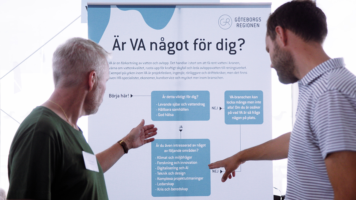 Christer Johansson står tillsammans med en besökare framför en rollup med rubriken Är VA-ingenjör något för dig?